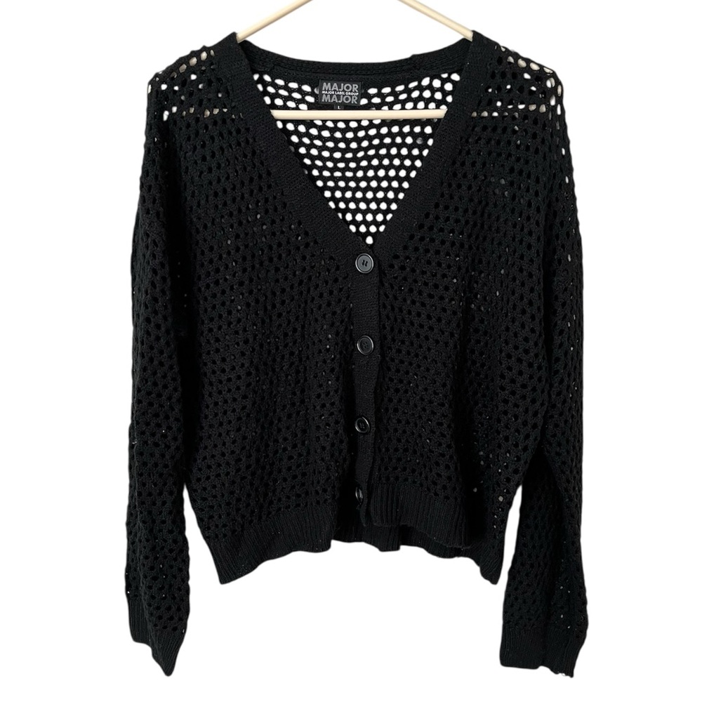 Major Major Cardigan Women Large Black Crochet Button Front Hippie Boho Festival